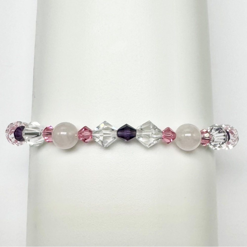 Rose Quartz, Pink Swarovski, and Purple Beaded Bracelet - S/M